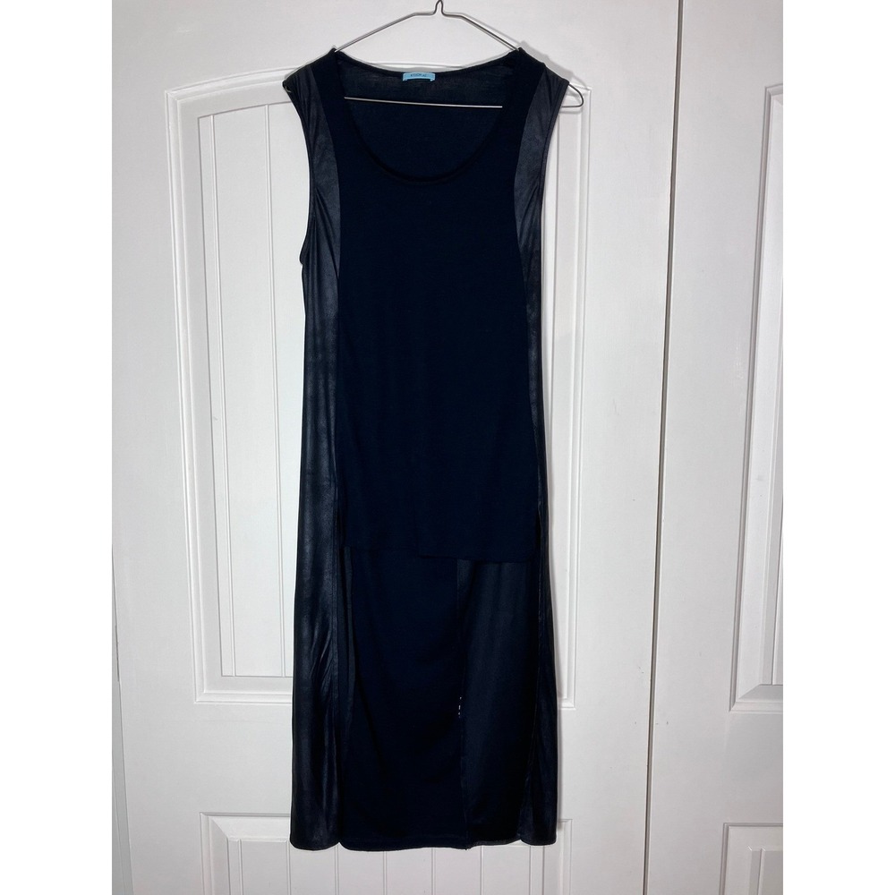 Kookai‎ Women Sz 2 Black Sleeveless Midi Dress Faux Leather Trim Modern Chic